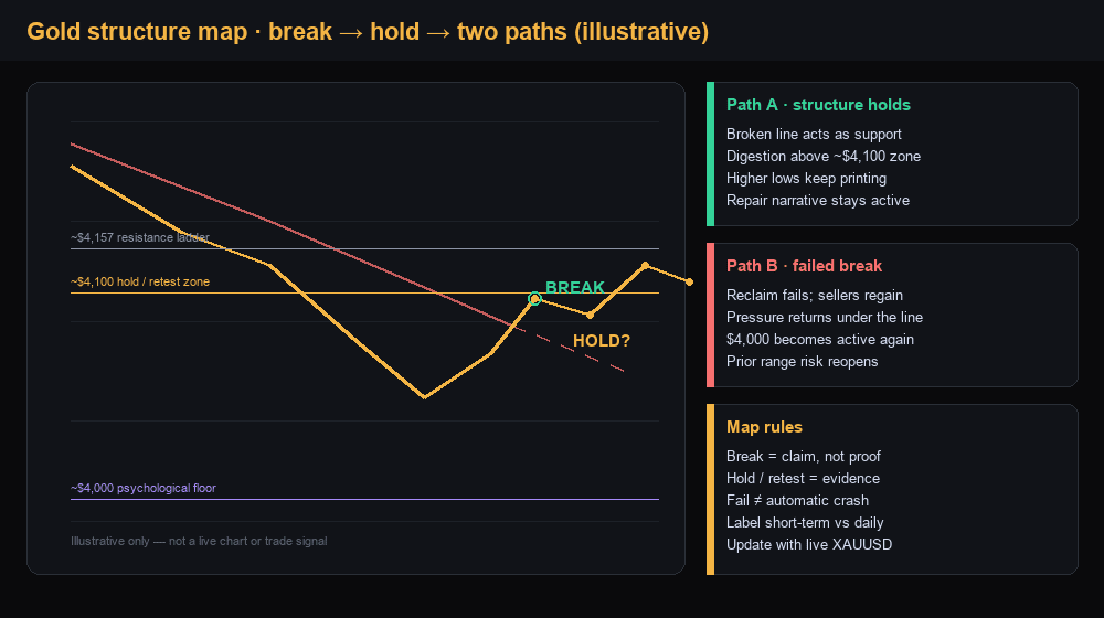 Illustrative map: gold short-term downtrend break, hold/retest zone near 4100, and 4000 psychological floor with two paths