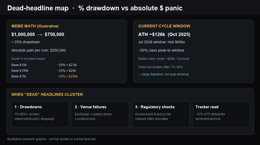 Mapa ilustrativo: pánico en dólares absolutos frente a retrocesos porcentuales, con titulares de muerte de Bitcoin agrupados en ventanas de estrés