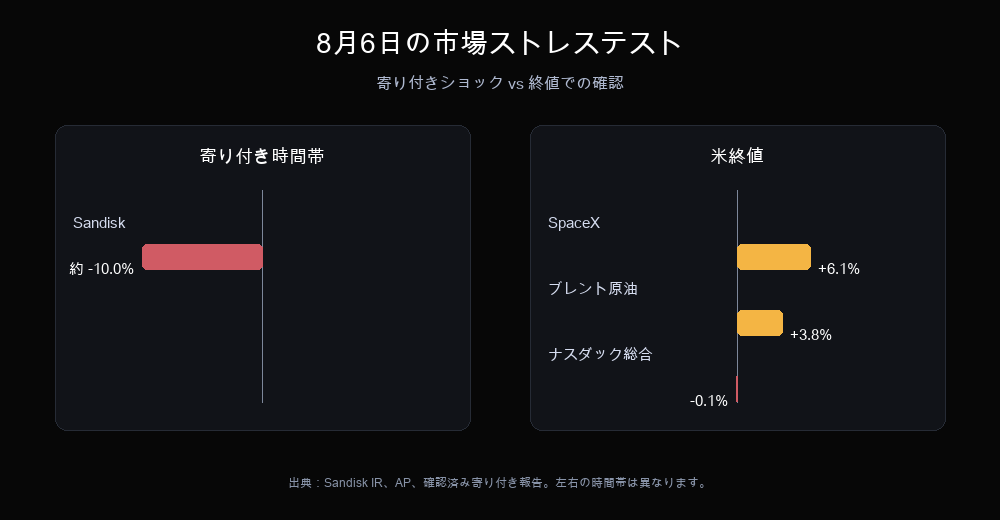 8月6日の市場ストレステスト：Sandisk寄り付き約10%安と、SpaceX・ブレント原油・ナスダック総合の終値の動きを比較