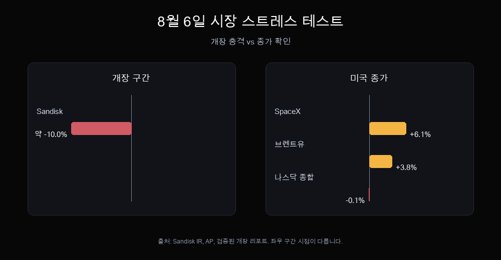 8월 6일 시장 스트레스 테스트: 샌디스크 개장 약 10% 하락과 SpaceX·브렌트 원유·나스닥 종합 종가 움직임 비교