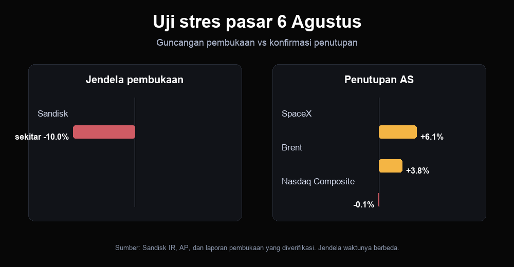 Skor stres pasar 6 Agustus: membandingkan penurunan pembukaan Sandisk sekitar 10 persen dengan pergerakan penutupan SpaceX, minyak Brent, dan Nasdaq Composite
