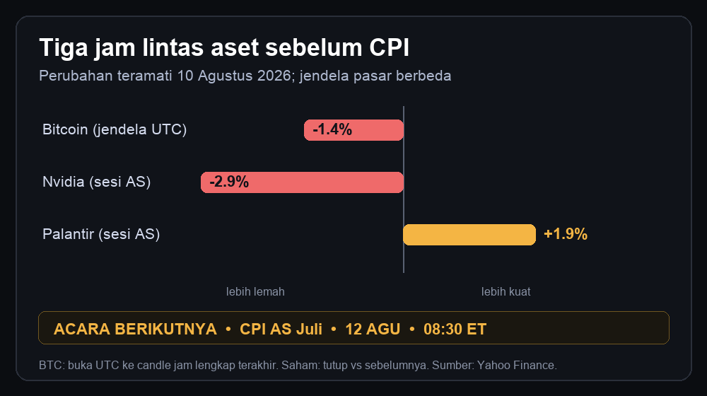 Grafik lintas aset: Bitcoin dan Nvidia lebih lemah, Palantir lebih kuat pada 10 Agustus, sebelum CPI AS