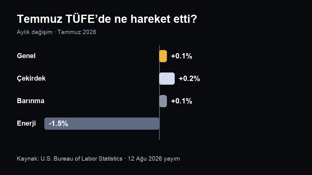 Temmuz 2026 TÜFE bileşenleri: genel +0,1%, çekirdek +0,2%, barınma +0,1%, enerji −1,5%