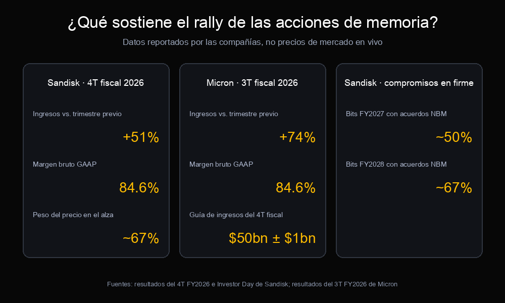 Cifras publicadas por las compañías que sostienen el rally de las acciones de memoria: crecimiento de ingresos y márgenes de Sandisk y Micron, y compromisos de clientes de Sandisk