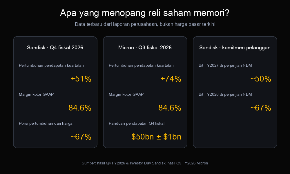 Bukti dari laporan perusahaan yang menopang reli saham memori: pertumbuhan pendapatan dan margin Sandisk serta Micron, plus komitmen pelanggan Sandisk