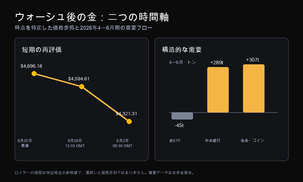 講演後の金を二つの時間軸で示した図：日時を特定したスポット価格の参照値と、2026年4〜6月期の金需要フロー