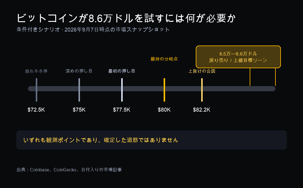 7万2,500ドルの崩れる水準から、7万5,000ドルと7万7,500ドルの押し目、8万ドルの分岐点、8万2,200ドルの上抜けの合図、8万5,000〜8万6,000ドルの上値ゾーンまでを示したビットコインの条件付きシナリオ図